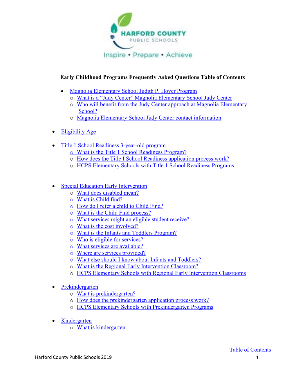 Early Childhood Programs Frequently Asked Questions Table of Contents