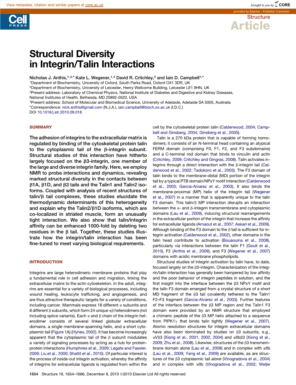 Structural Diversity in Integrin/Talin Interactions