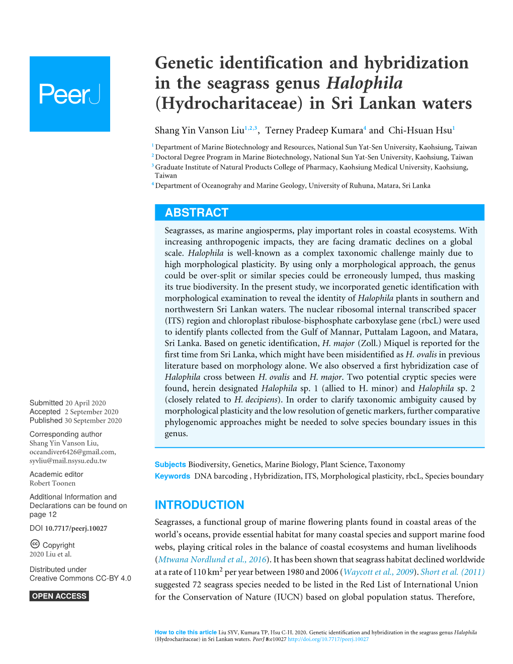 Genetic Identification and Hybridization in the Seagrass Genus Halophila (Hydrocharitaceae) in Sri Lankan Waters