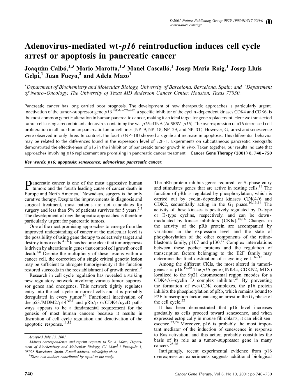 Adenovirus-Mediated Wt-P16 Reintroduction Induces Cell Cycle