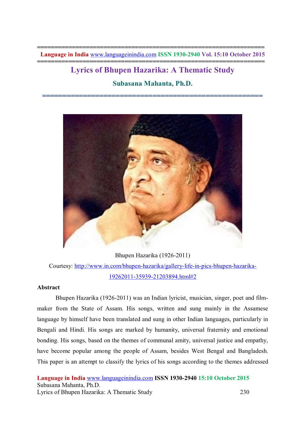 Lyrics of Bhupen Hazarika: a Thematic Study Subasana Mahanta, Ph.D