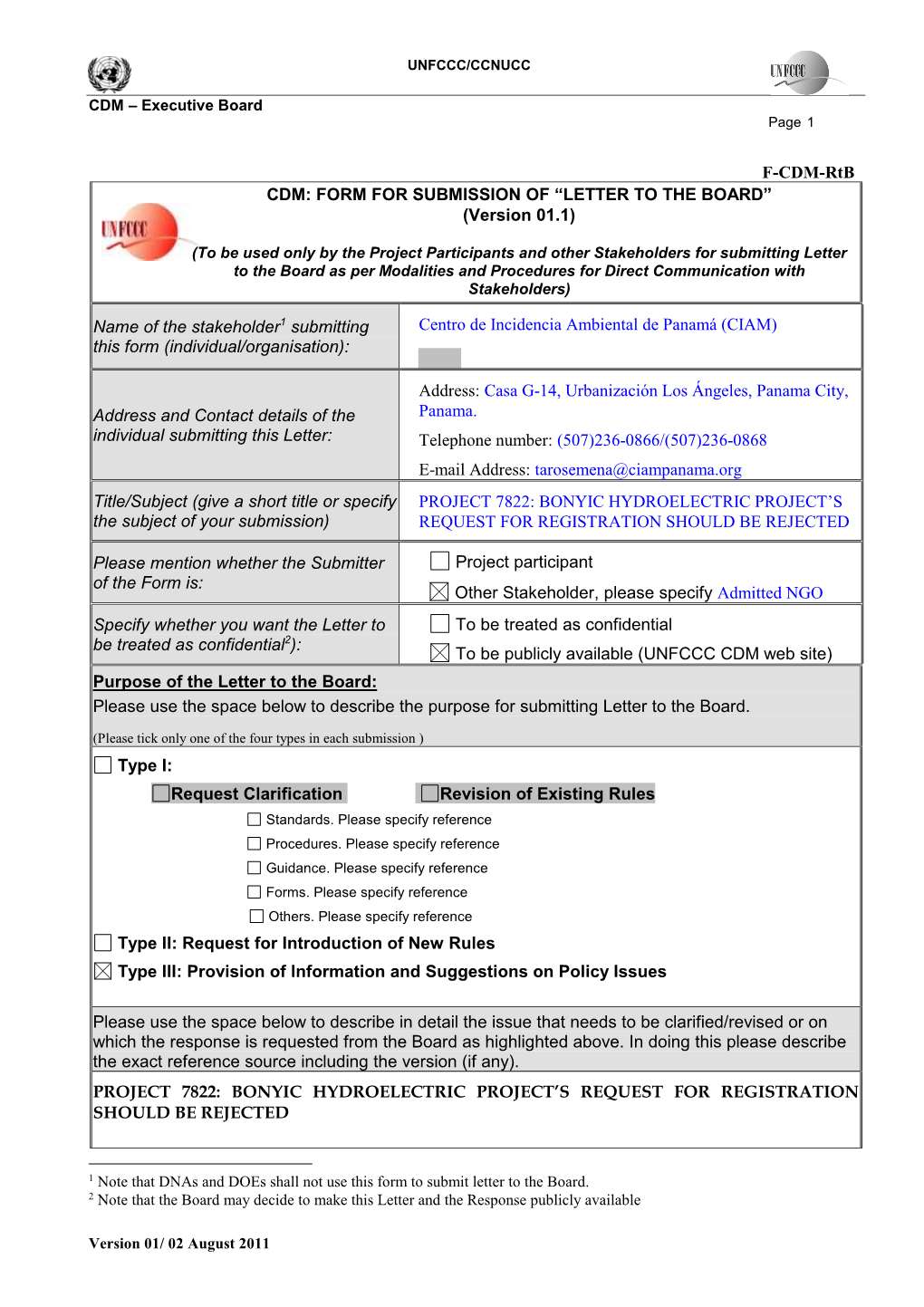 BONYIC HYDROELECTRIC PROJECT’S the Subject of Your Submission) REQUEST for REGISTRATION SHOULD BE REJECTED