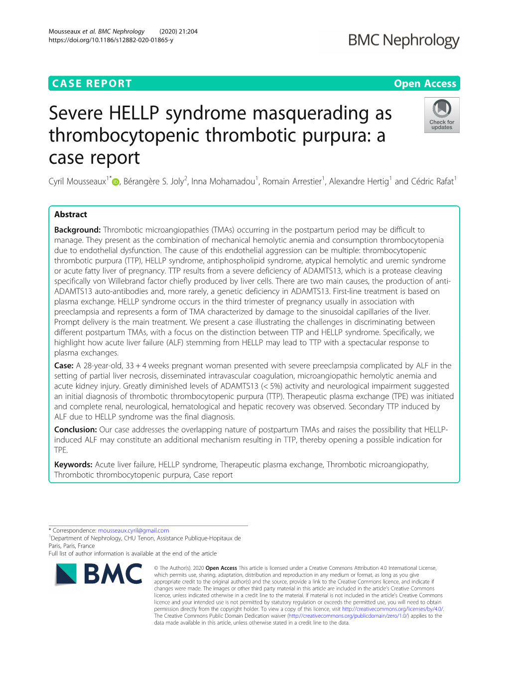 Severe HELLP Syndrome Masquerading As Thrombocytopenic Thrombotic Purpura: a Case Report Cyril Mousseaux1* , Bérangère S