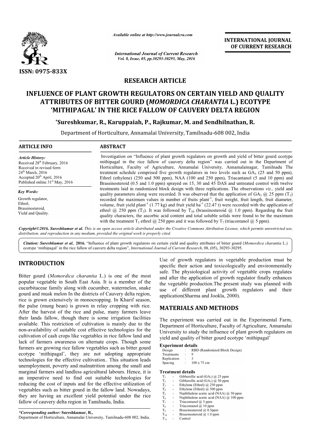 Influence of Plant Growth Regu Attributes of Bitter