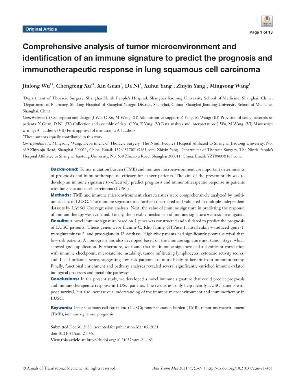 Comprehensive Analysis of Tumor Microenvironment and Identification of an Immune Signature to Predict the Prognosis and Immunoth