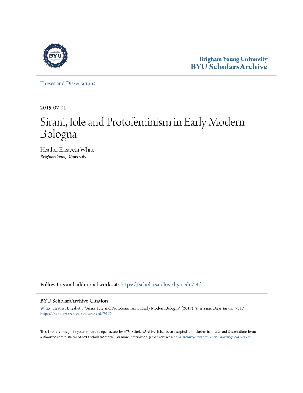 Sirani, Iole and Protofeminism in Early Modern Bologna Heather Elizabeth White Brigham Young University