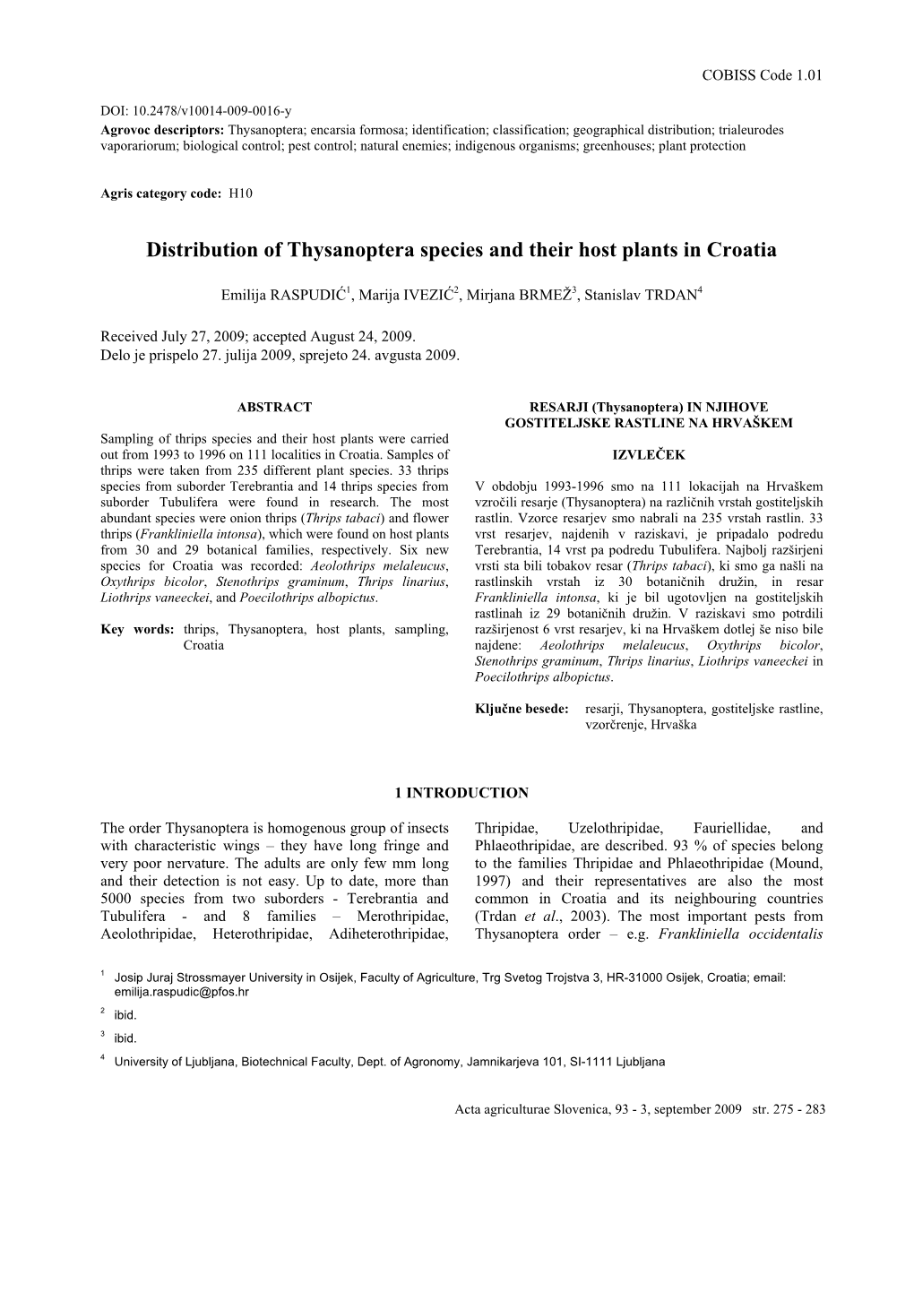 Distribution of Thysanoptera Species and Their Host Plants in Croatia