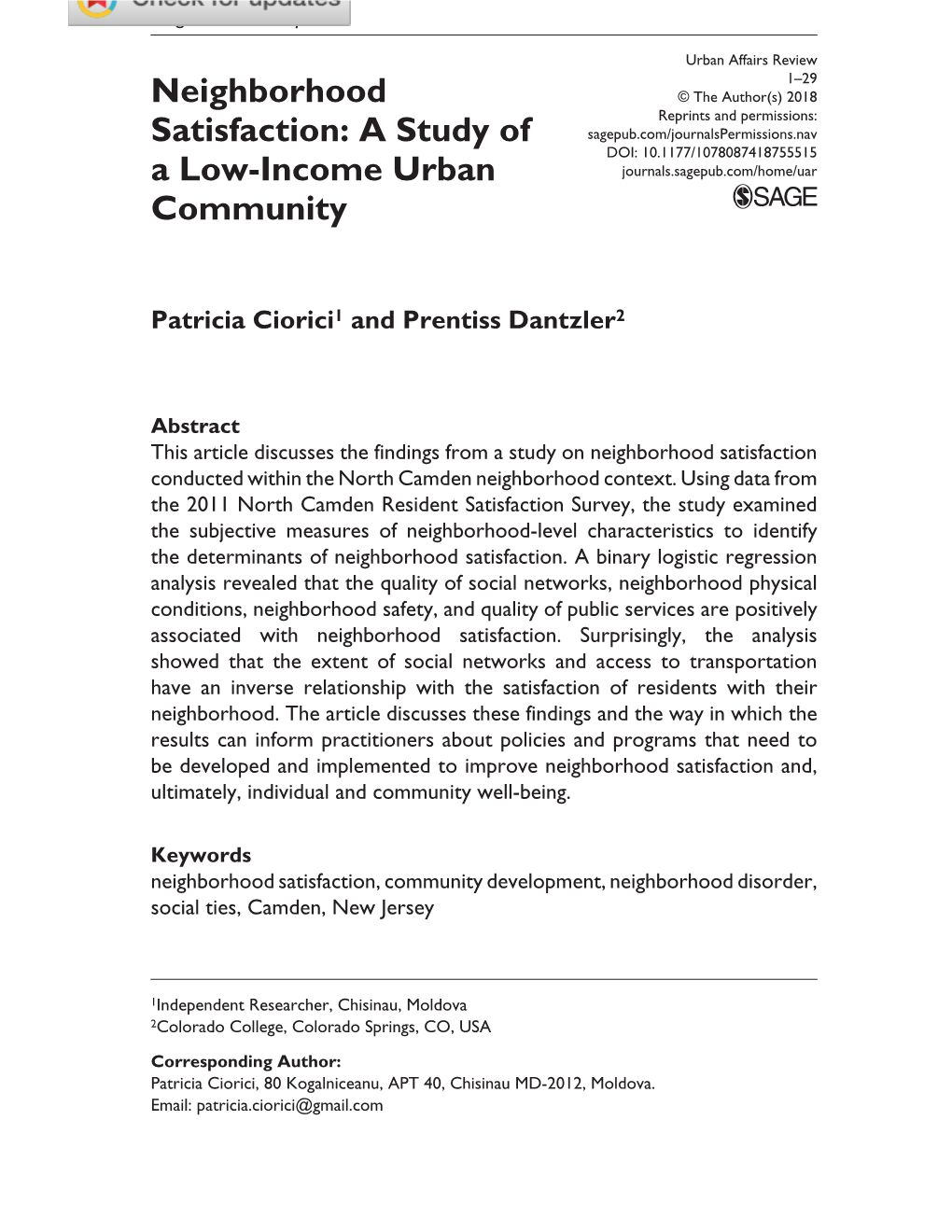 Neighborhood Satisfaction Conducted Within the North Camden Neighborhood Context