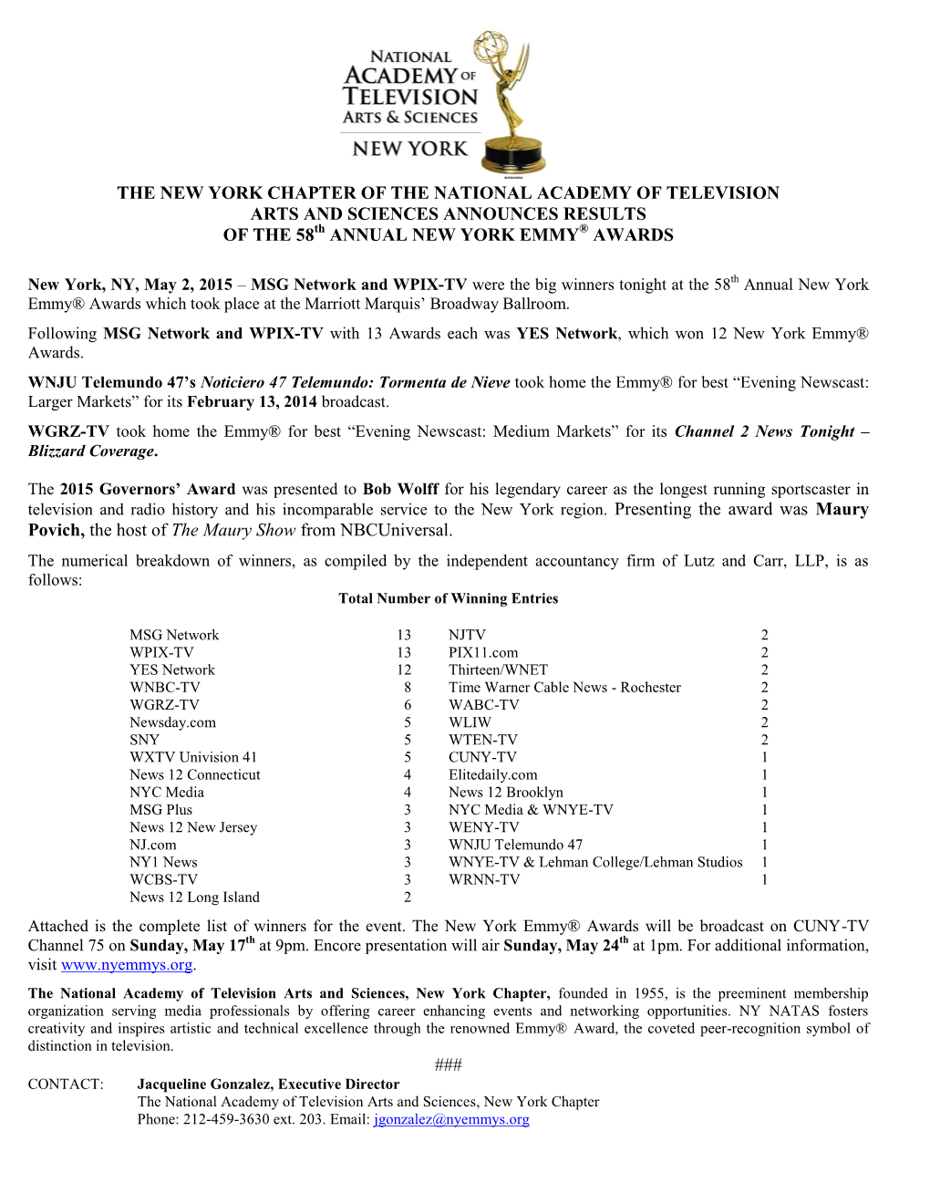 The 54Th Annual New York Emmy® Award Nominations