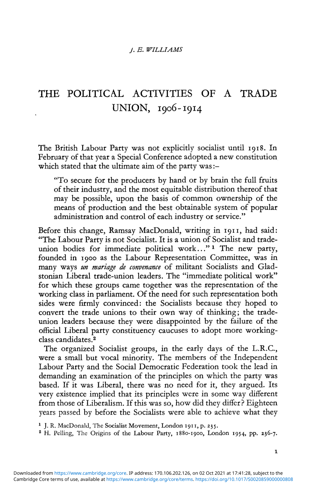 The Political Activities of a Trade Union, 1906–1914