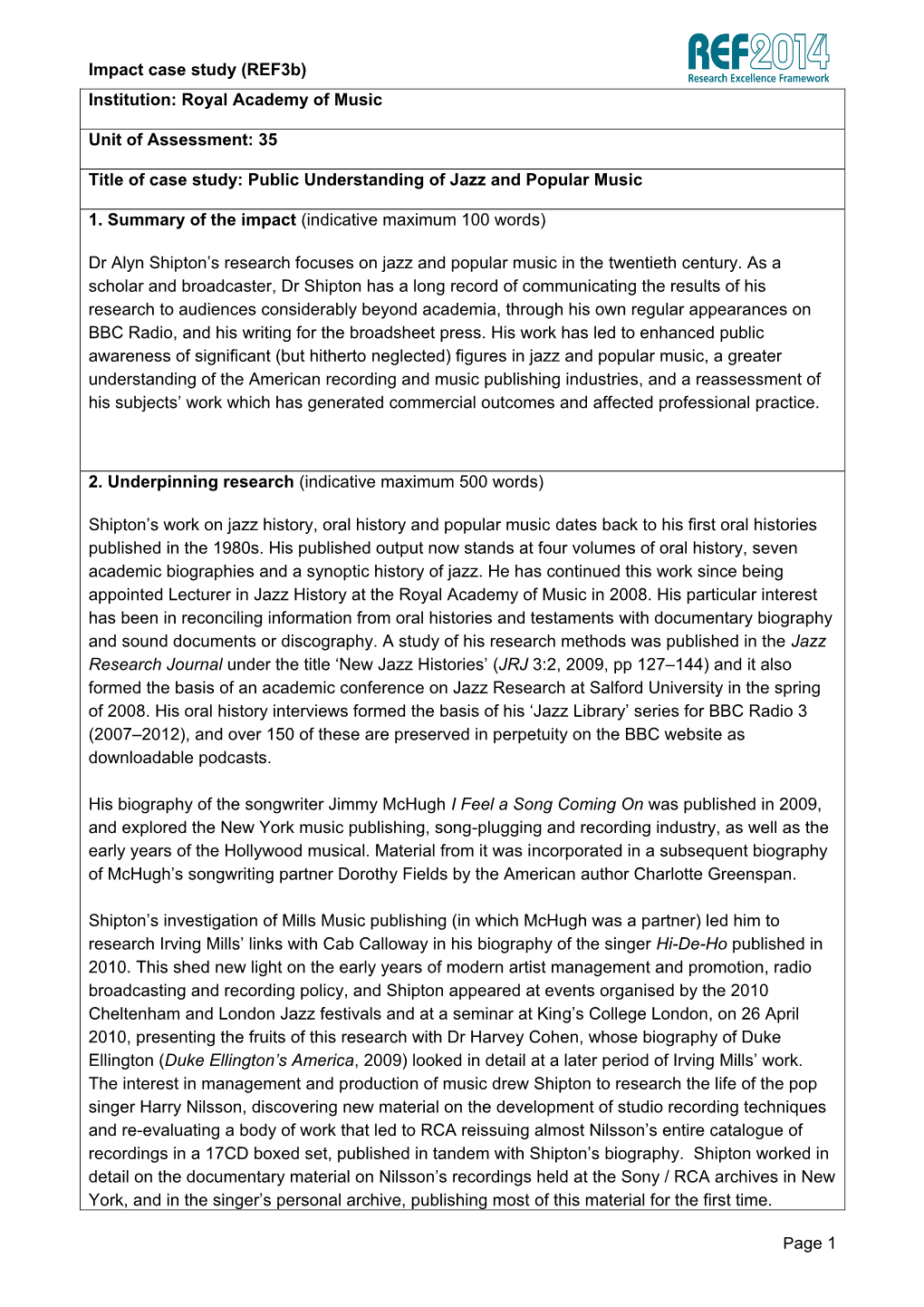 Royal Academy of Music Unit of Assessment: 35 Title of Case Study