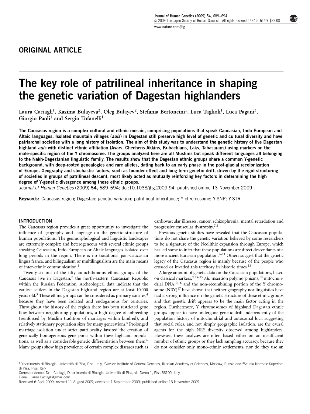 The Key Role of Patrilineal Inheritance in Shaping the Genetic Variation of Dagestan Highlanders