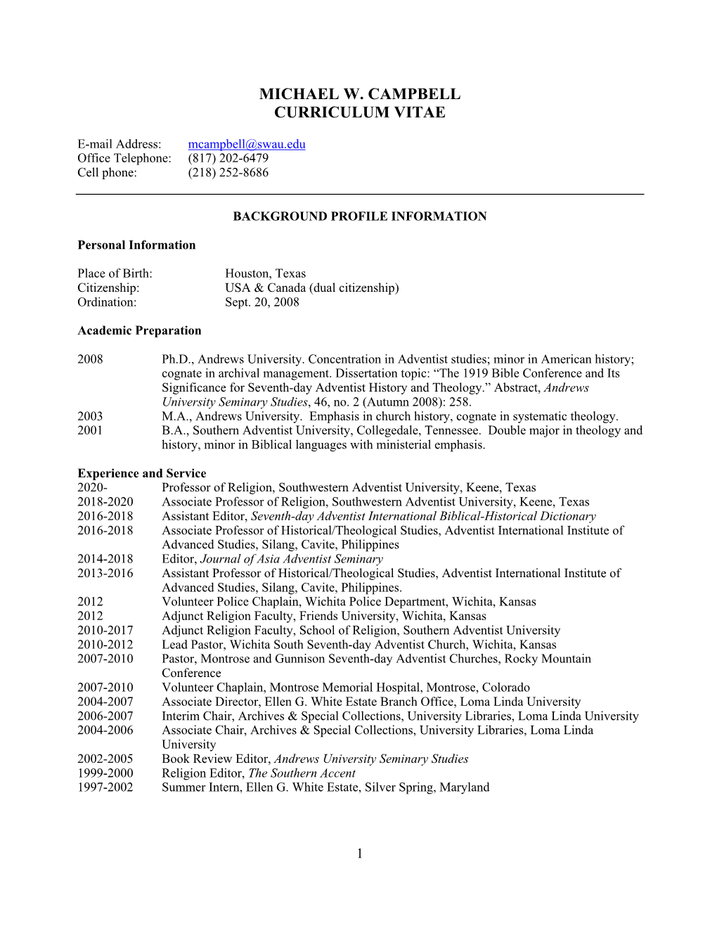 Michael W. Campbell Curriculum Vitae