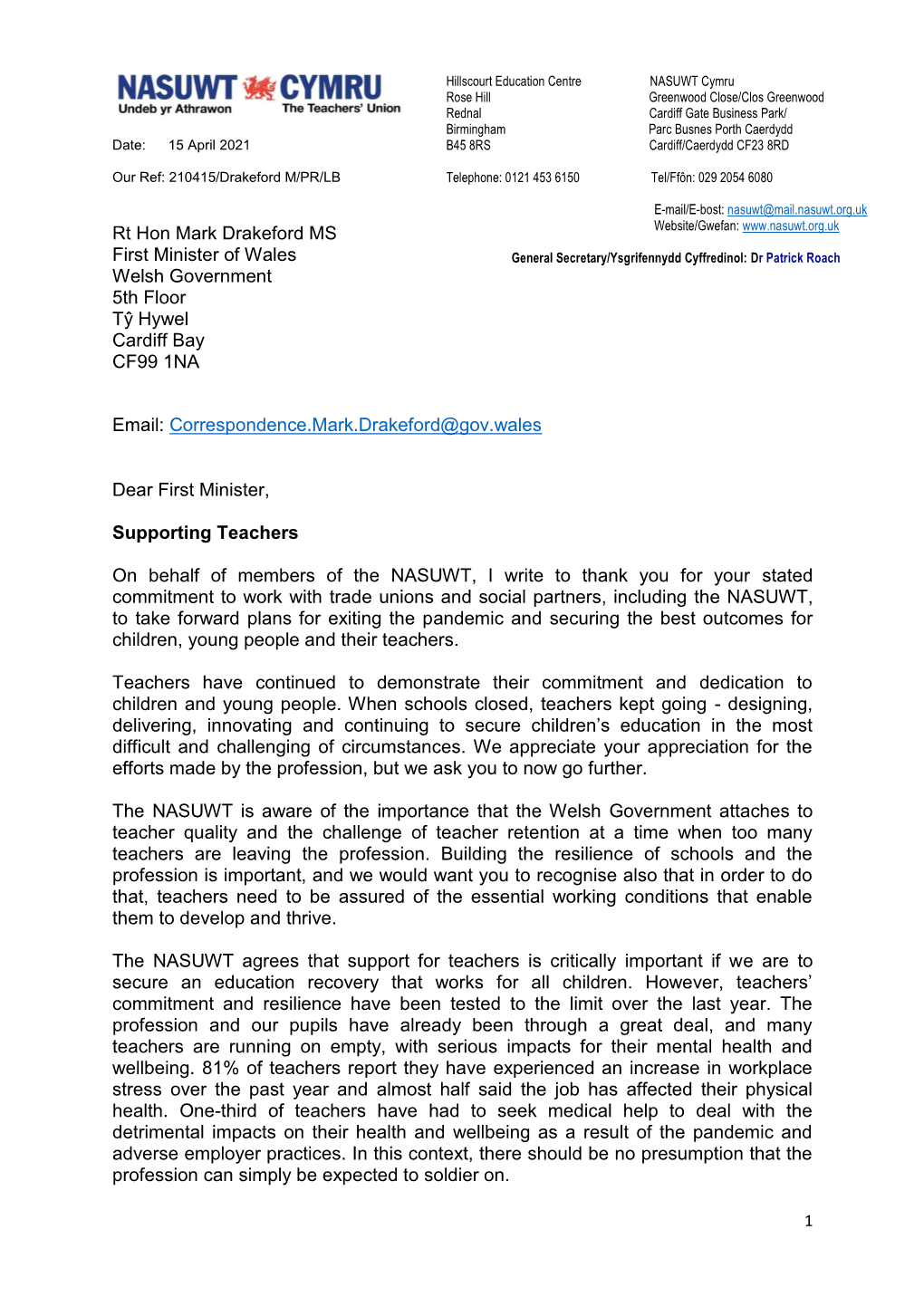 Letter to First Minister Mark Drakeford 15 April