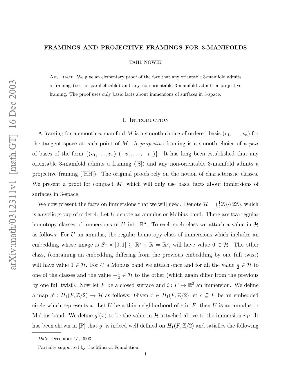 Arxiv:Math/0312311V1 [Math.GT] 16 Dec 2003 Ufcsi 3-Space