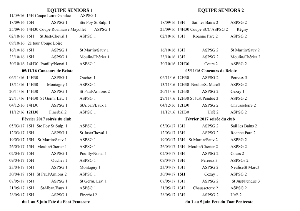 Calendriers Equipes Saison 2016-2017 ASPSG