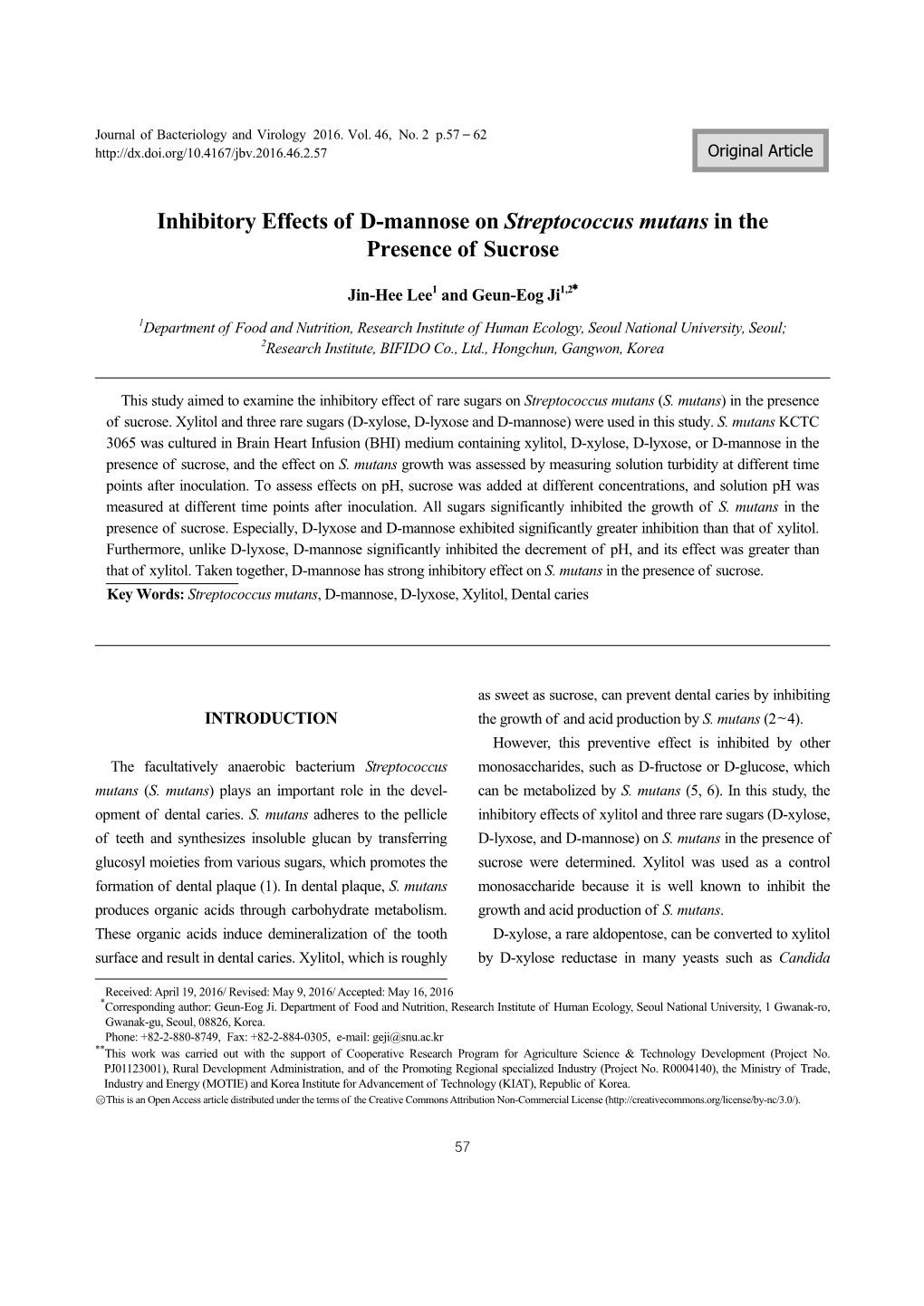 Inhibitory Effects of D-Mannose on Streptococcus Mutans in the Presence of Sucrose