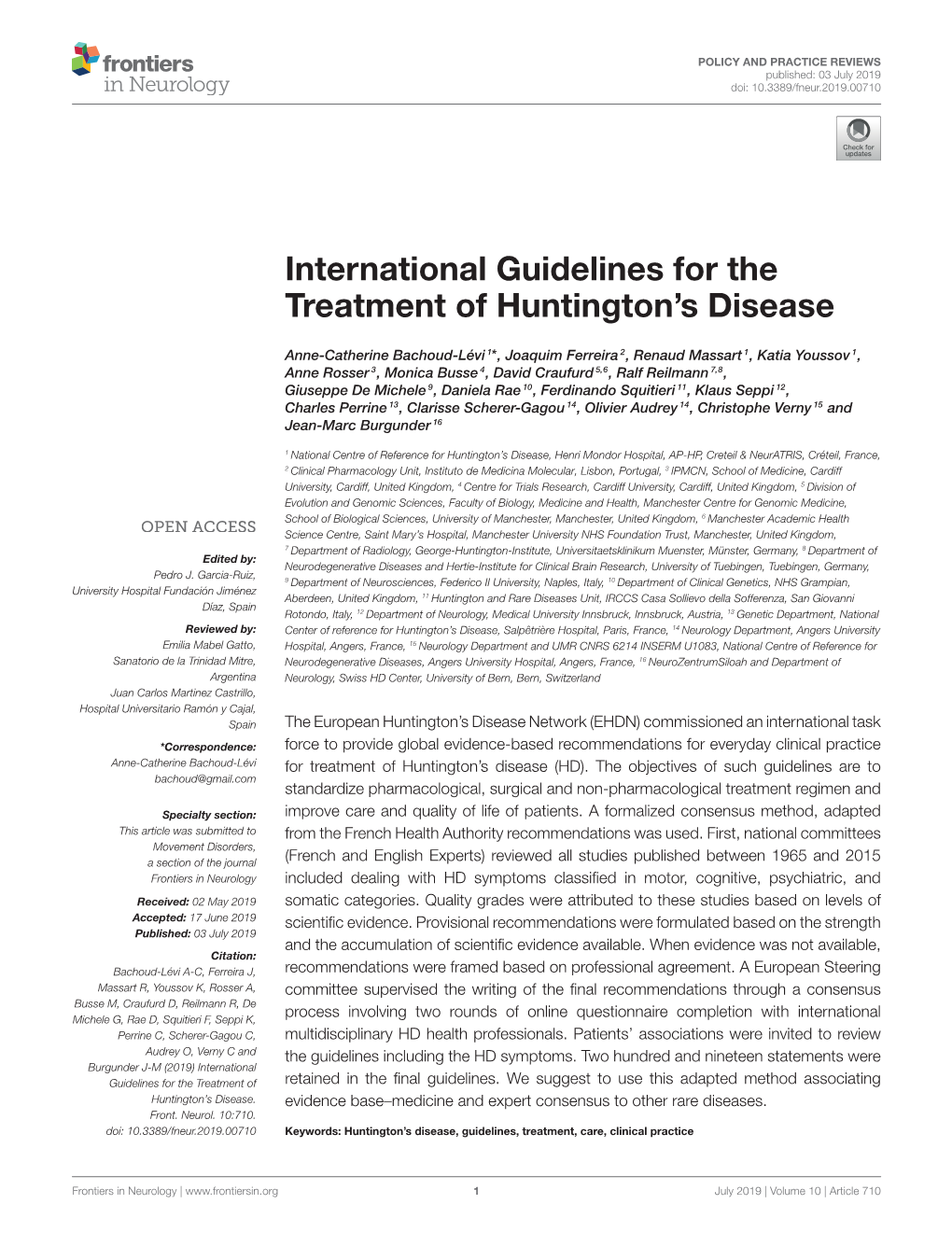 International Guidelines for the Treatment of Huntington's Disease