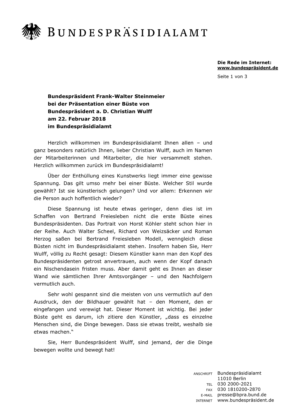 Präsentation Einer Büste Des Bundespräsidenten A. D. Christian