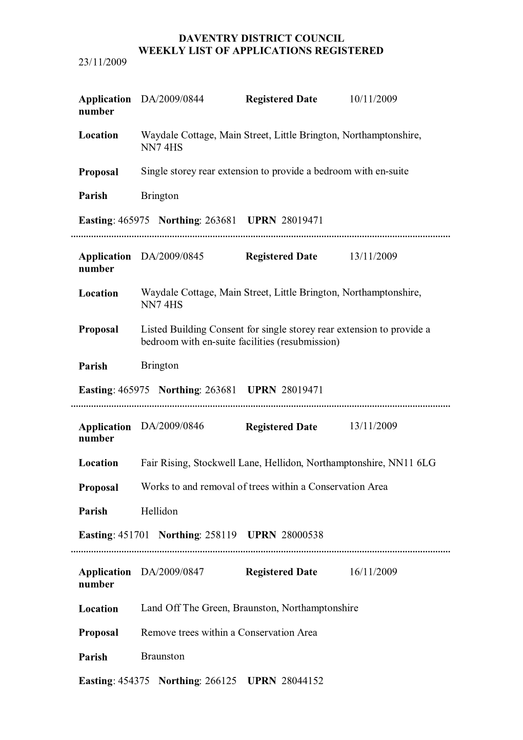 Daventry District Council Weekly List of Applications Registered 23/11/2009