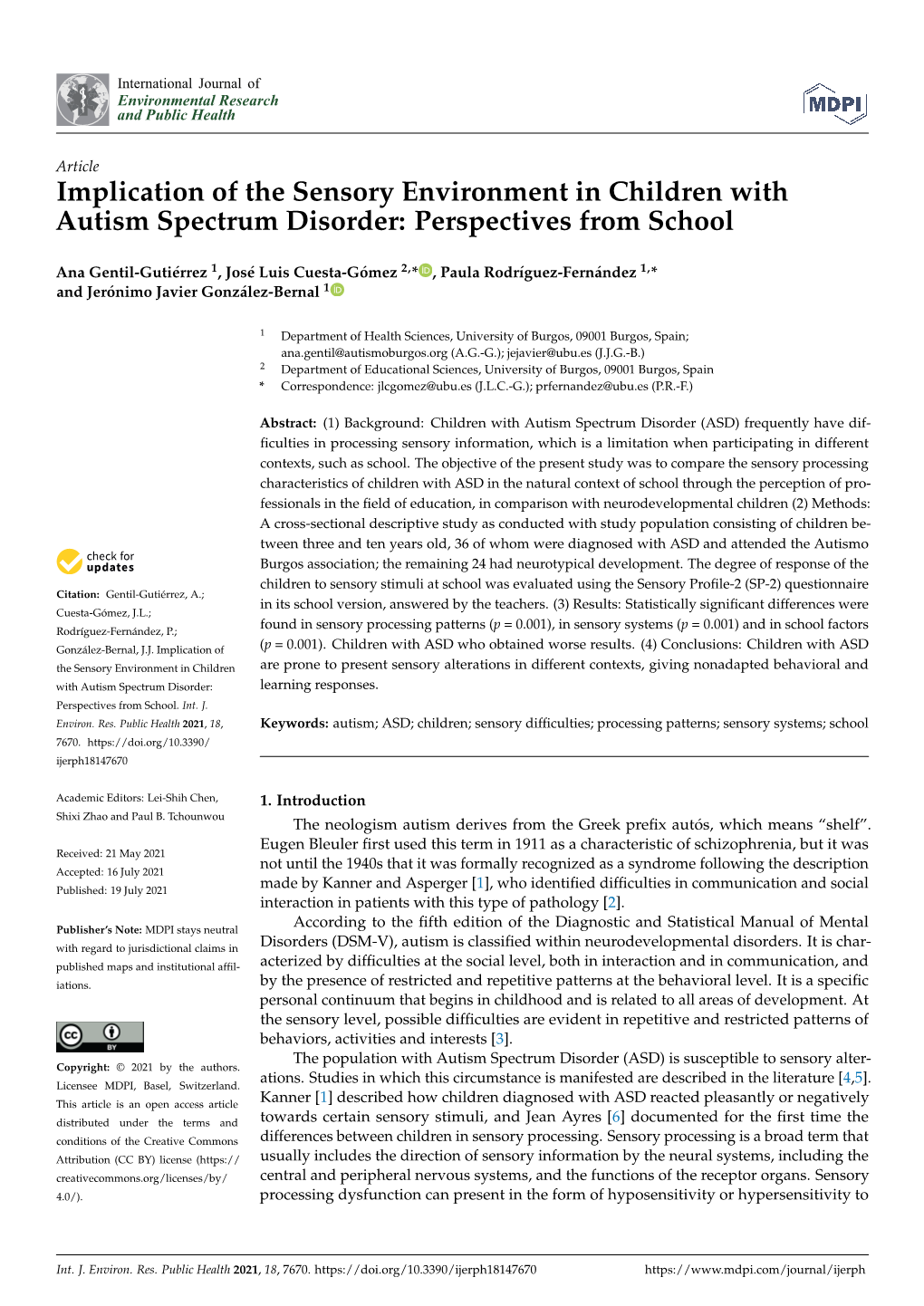 Implication of the Sensory Environment in Children with Autism Spectrum Disorder: Perspectives from School
