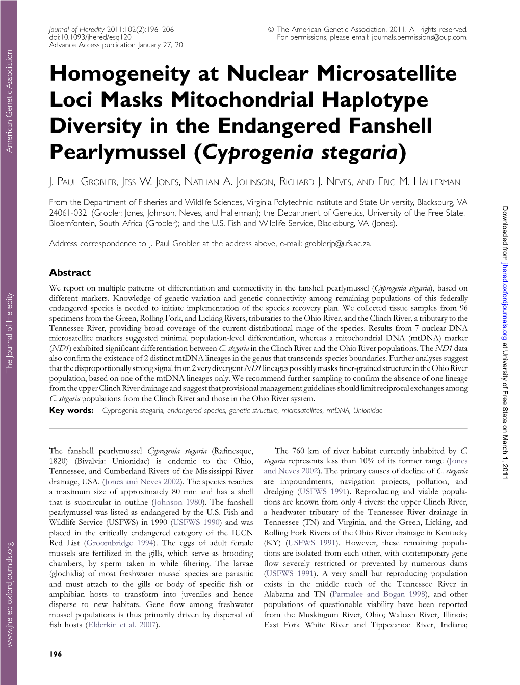 Homogeneity at Nuclear Microsatellite Loci Masks Mitochondrial Haplotype Diversity in the Endangered Fanshell Pearlymussel (Cyprogenia Stegaria)
