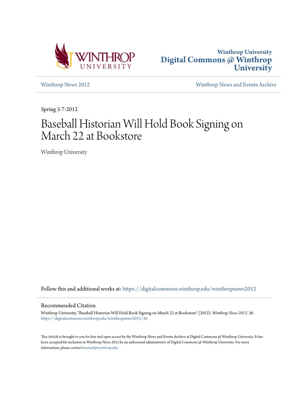 Baseball Historian Will Hold Book Signing on March 22 at Bookstore Winthrop University