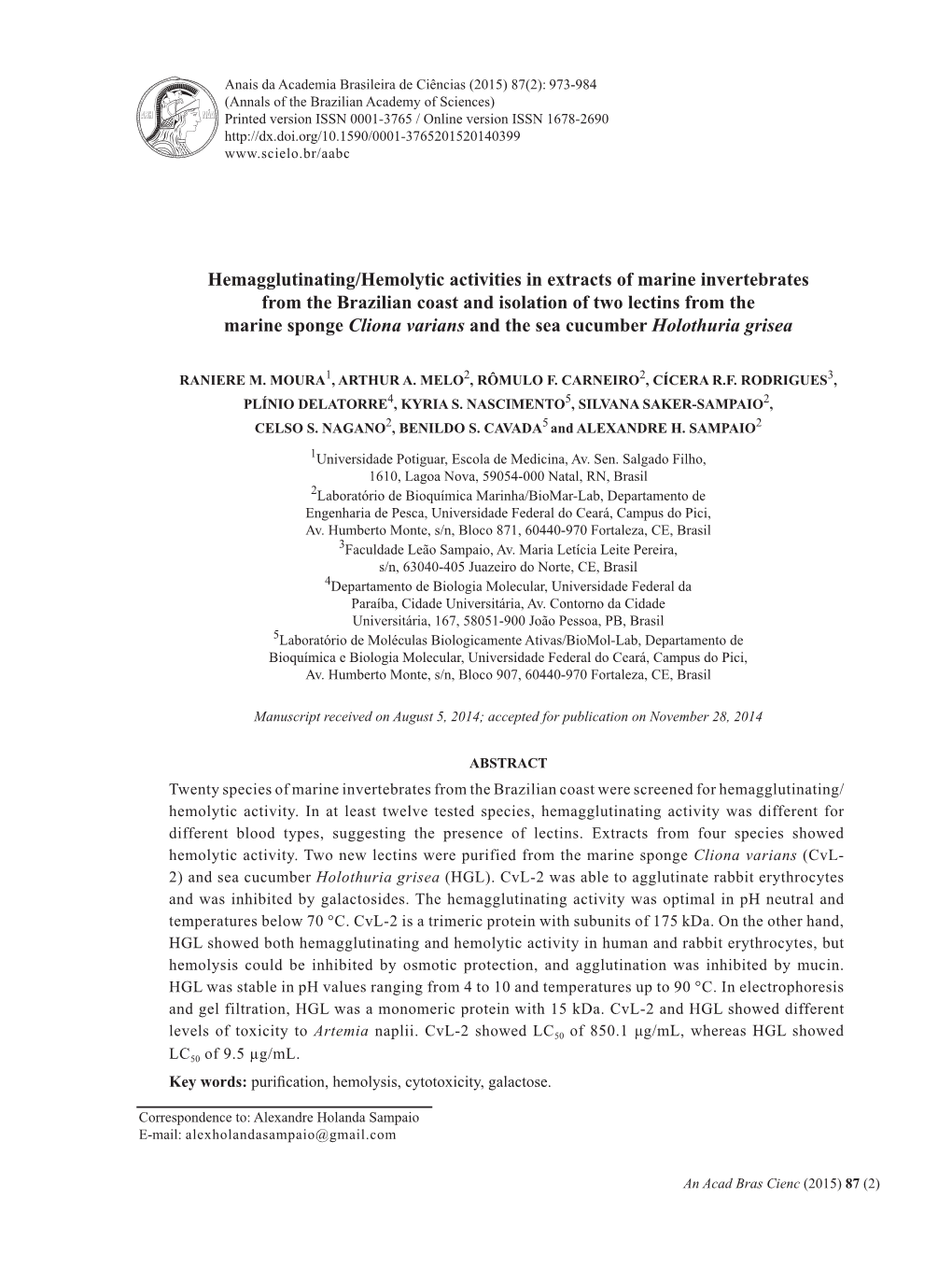 Hemagglutinating/Hemolytic Activities in Extracts of Marine Invertebrates