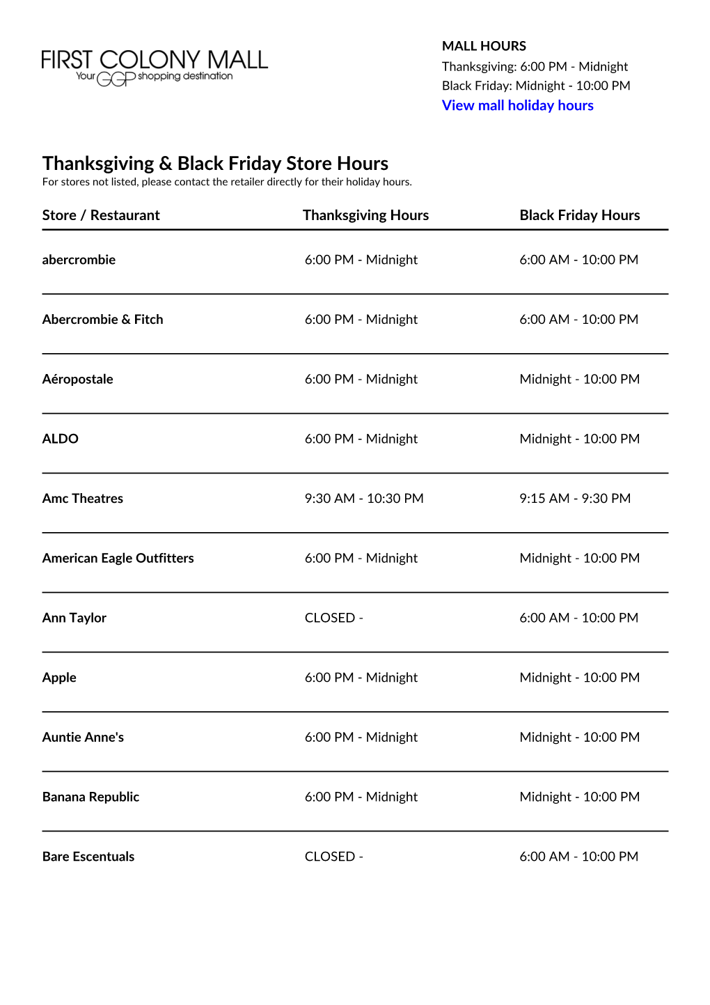 Thanksgiving & Black Friday Store Hours