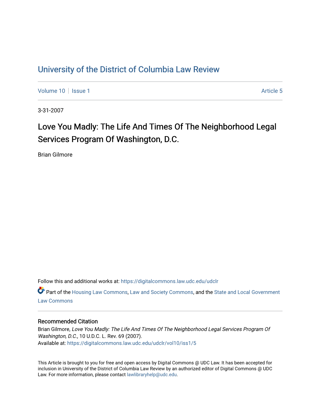 The Life and Times of the Neighborhood Legal Services Program of Washington, D.C