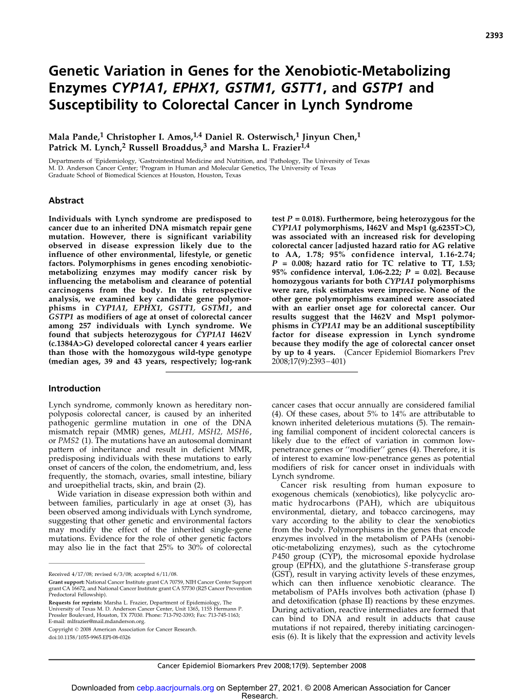 Genetic Variation in Genes for the Xenobiotic-Metabolizing Enzymes CYP1A1, EPHX1, GSTM1, GSTT1, and GSTP1 and Susceptibility to Colorectal Cancer in Lynch Syndrome