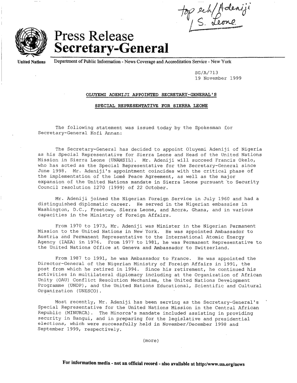 Press Release Secretary-General United Nations Department of Public Information - News Coverage and Accreditation Service - New York