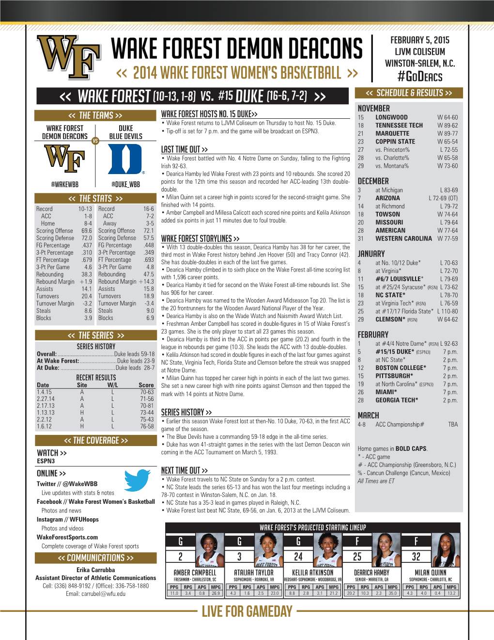 &lt;&lt; WAKE FOREST(10-13, 1-8) Vs. #15 DUKE (16-6, 7-2) &gt;&gt;