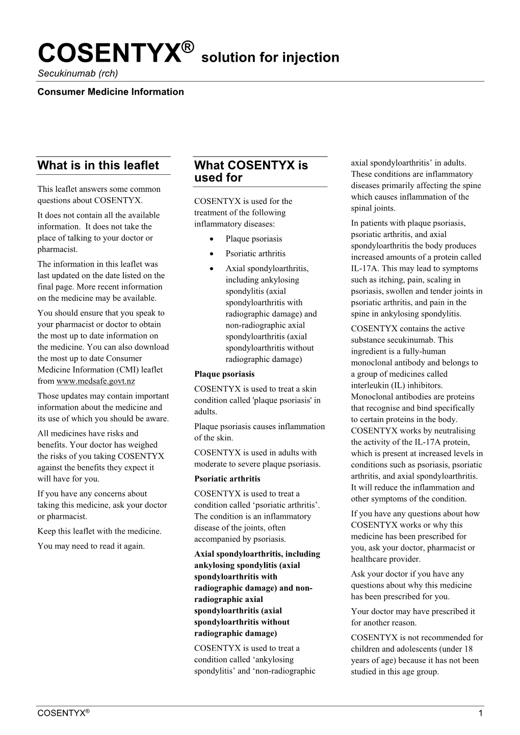 COSENTYX Solution for Injection Secukinumab (Rch) Consumer Medicine Information