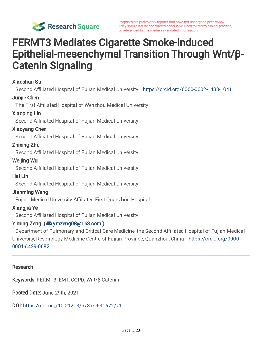 FERMT3 Mediates Cigarette Smoke-Induced Epithelial-Mesenchymal Transition Through Wnt/Β- Catenin Signaling