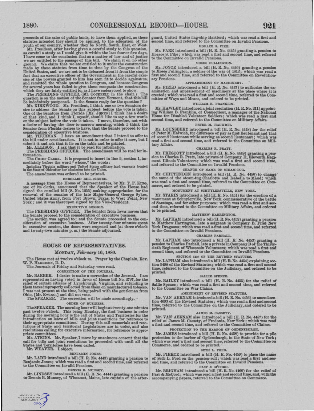 1880. CONGRESSIONAL RECORD-HOUSE. 921 Proceeds of the Sales of Public Lands, to Have Them Applied, As These Guard, United States Flag-Ship Hartford; Which Was Read