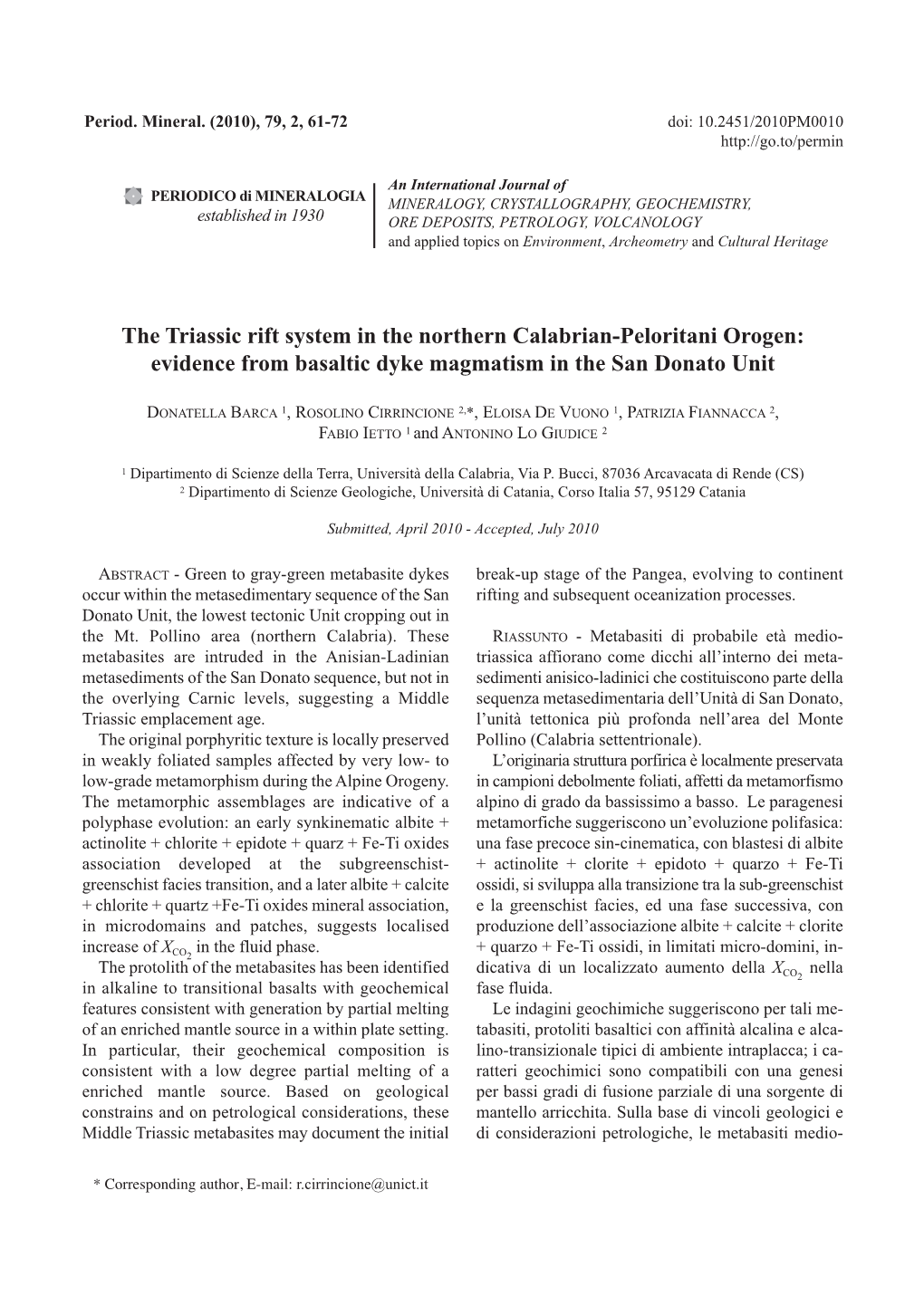 The Triassic Rift System in the Northern Calabrian-Peloritani Orogen: Evidence from Basaltic Dyke Magmatism in the San Donato Unit