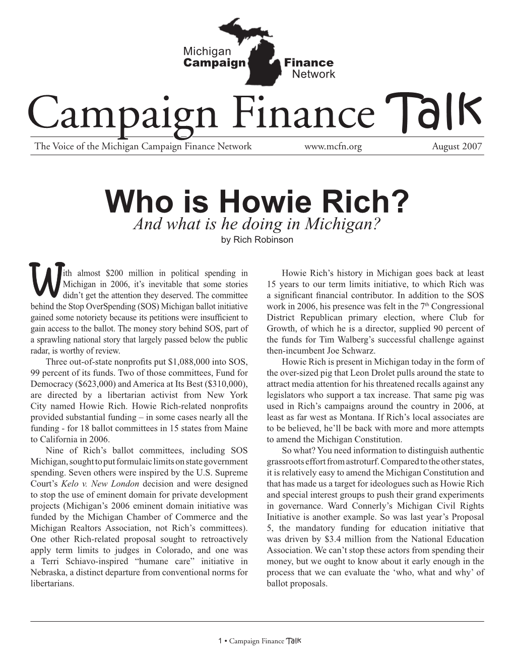 Campaign Finance Talk the Voice of the Michigan Campaign Finance Network August 2007