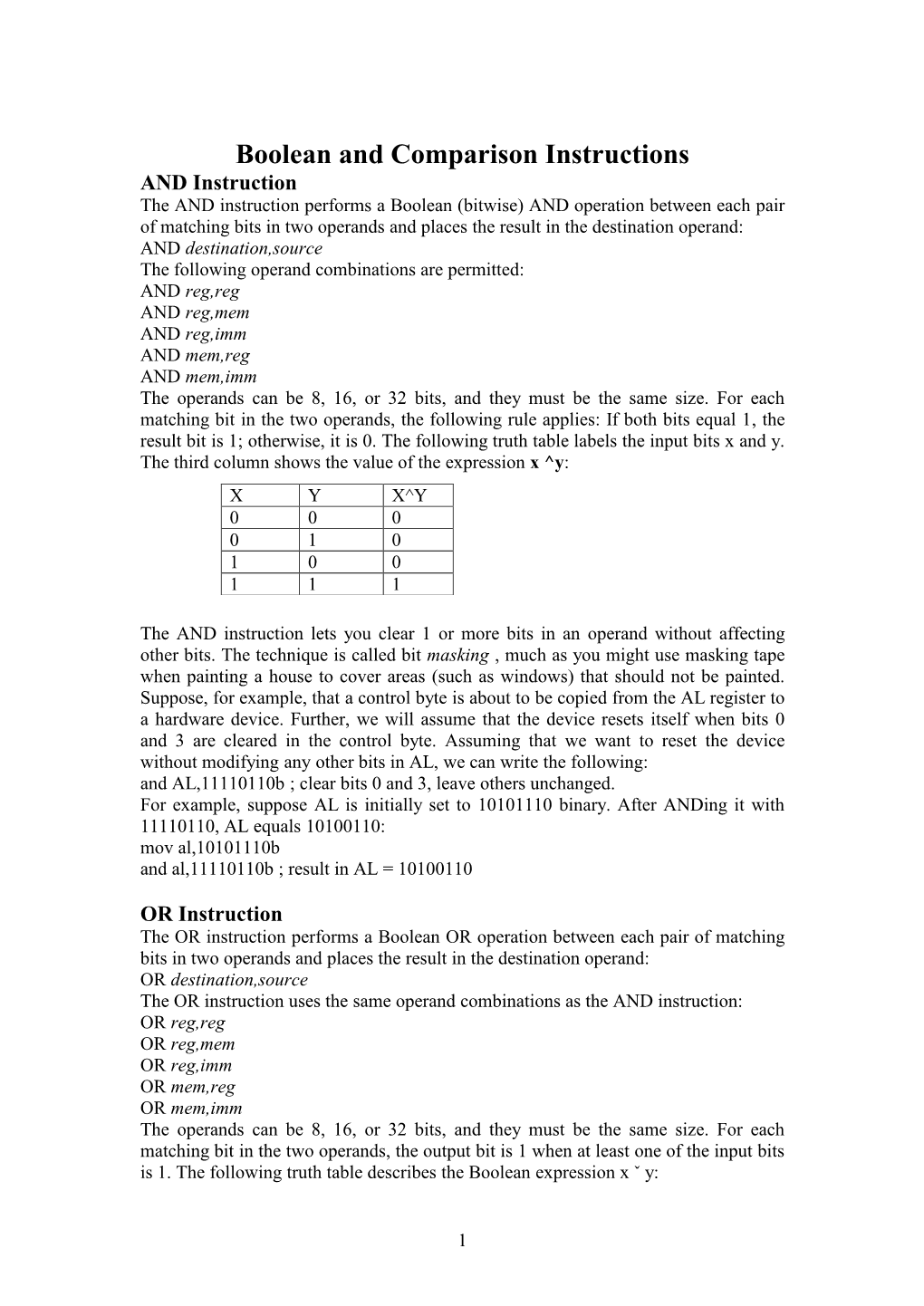 Boolean and Comparison Instructions