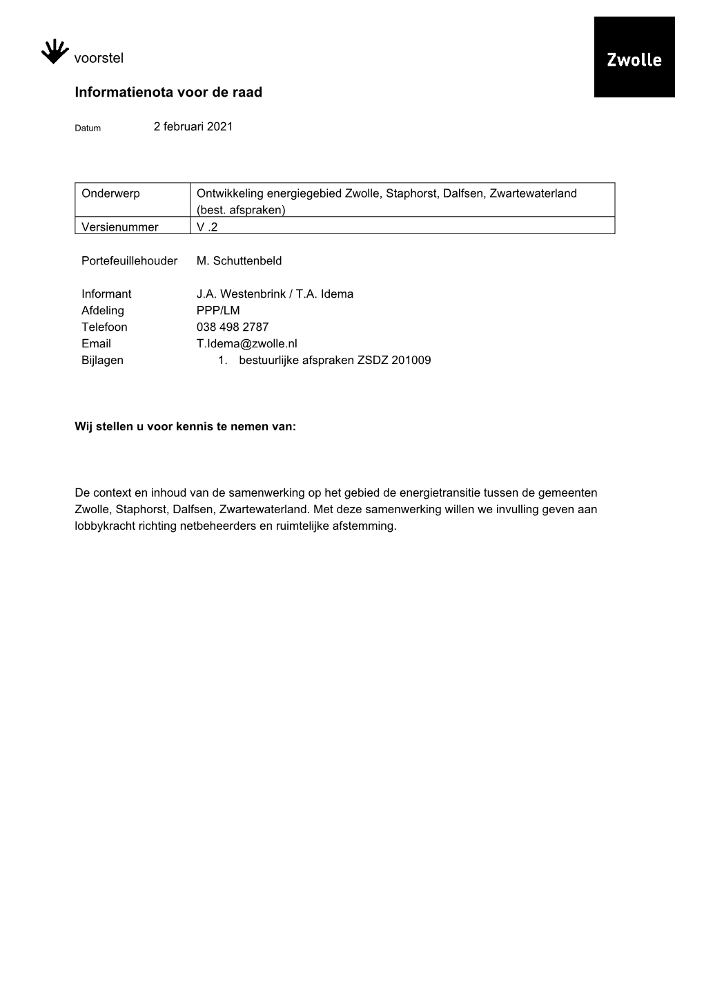 Informatienota Ontwikkeling Energiegebied Zwolle, Staphorst