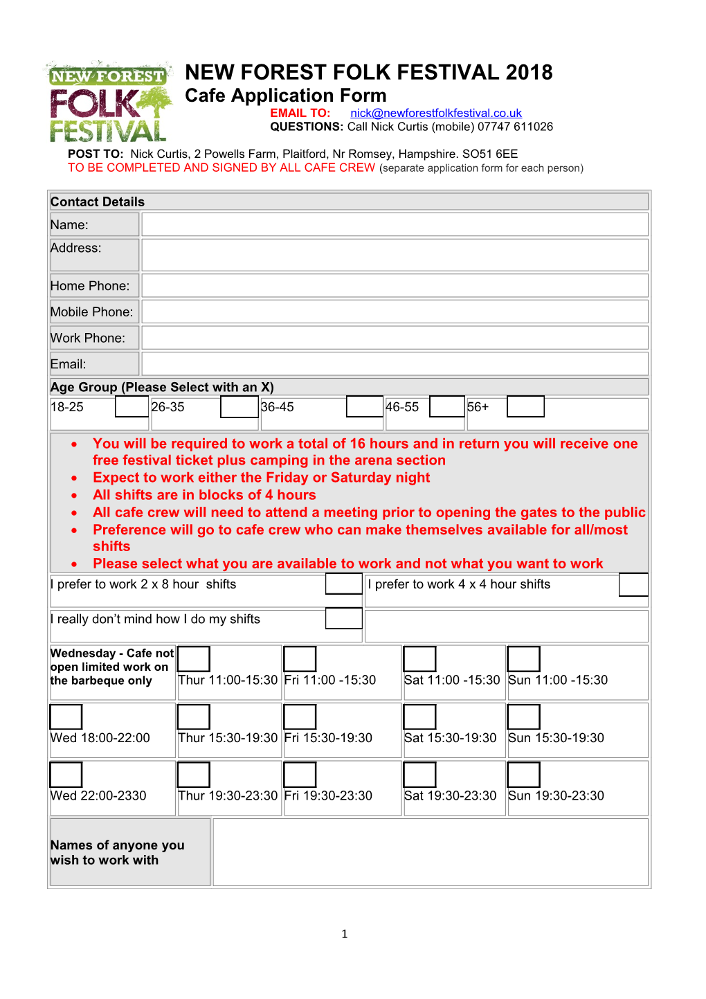 Cafe Application Form