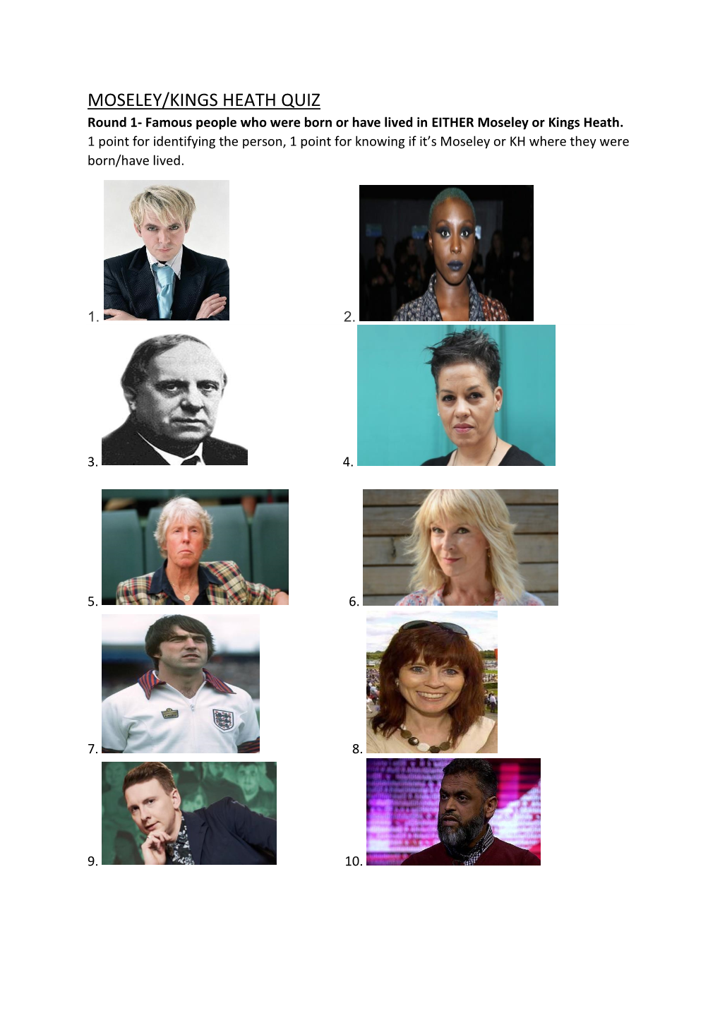 MOSELEY/KINGS HEATH QUIZ Round 1- Famous People Who Were Born Or Have Lived in EITHER Moseley Or Kings Heath