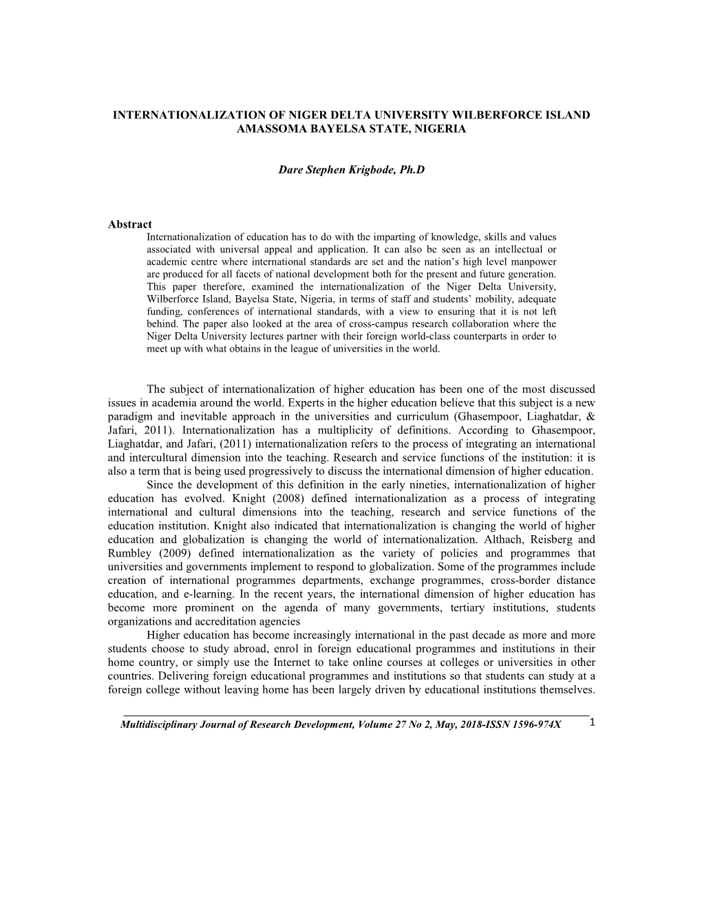 Internationalization of Niger Delta University Wilberforce Island Amassoma Bayelsa State, Nigeria