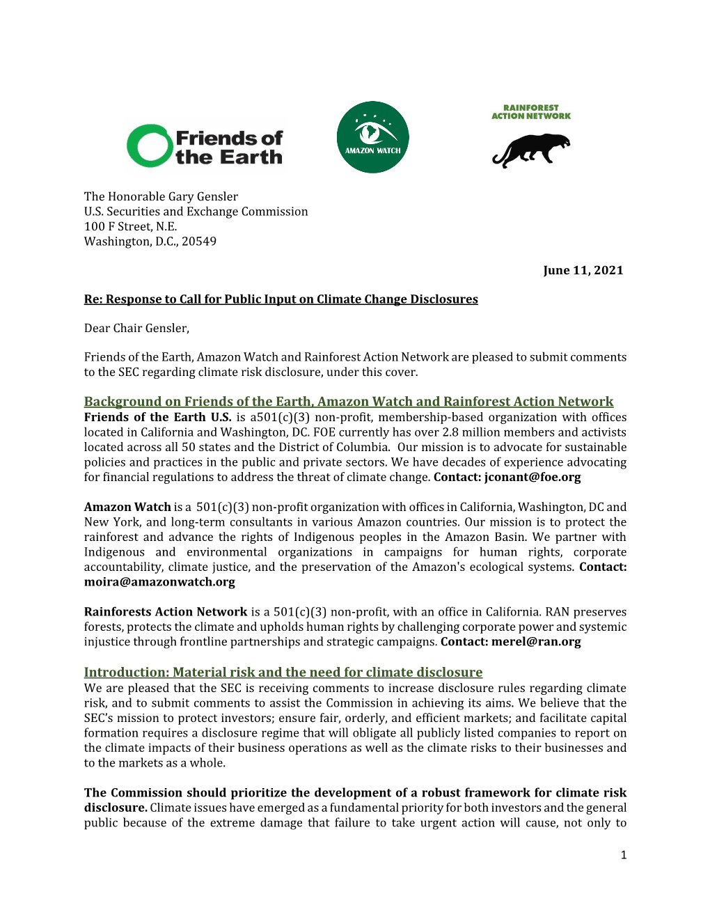 Friends of the Earth, Amazon Watch and Rainforest Action Network Are Pleased to Submit Comments to the SEC Regarding Climate Risk Disclosure, Under This Cover