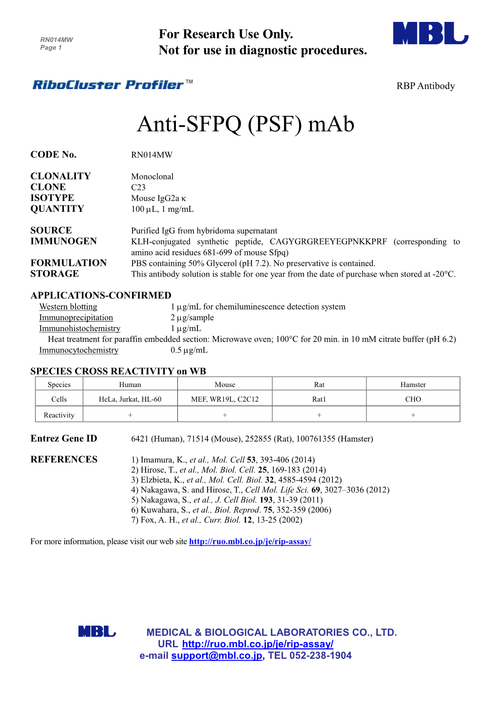 Anti-SFPQ (PSF) Mab