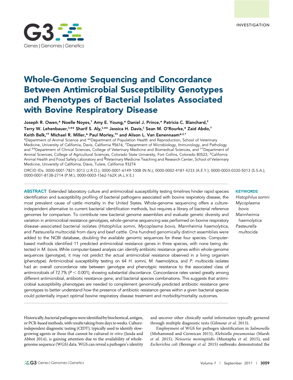 Whole-Genome Sequencing and Concordance Between Antimicrobial Susceptibility Genotypes and Phenotypes of Bacterial Isolates Associated with Bovine Respiratory Disease