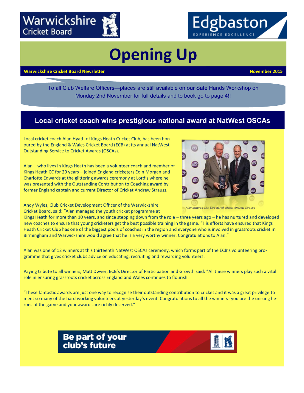 Opening up Warwickshire Cricket Board Newsletter November 2015