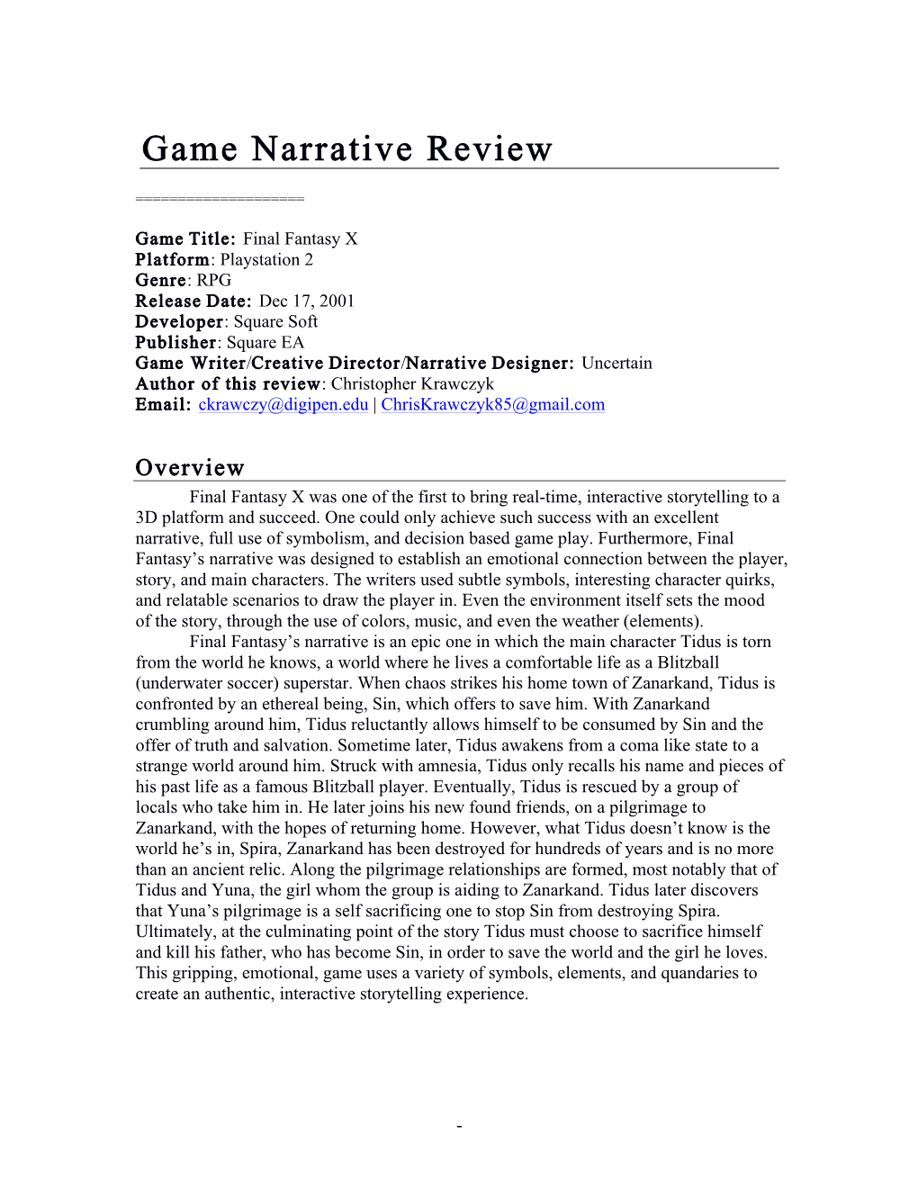 Game Narrative Review