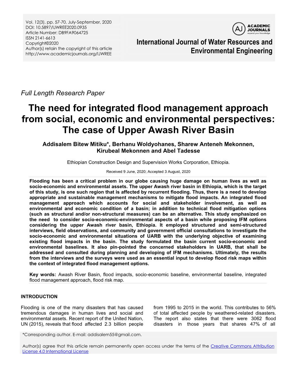 The Need for Integrated Flood Management Approach from Social, Economic and Environmental Perspectives: the Case of Upper Awash River Basin