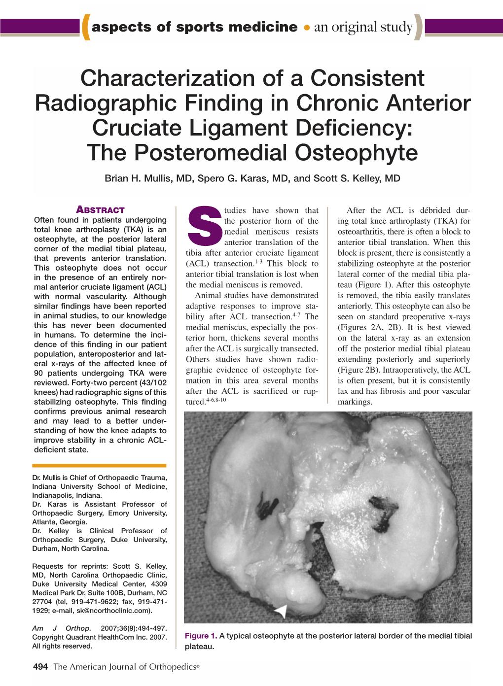 Characterization of a Consistent Radiographic Finding in Chronic Anterior Cruciate Ligament Deficiency: the Posteromedial Osteophyte Brian H